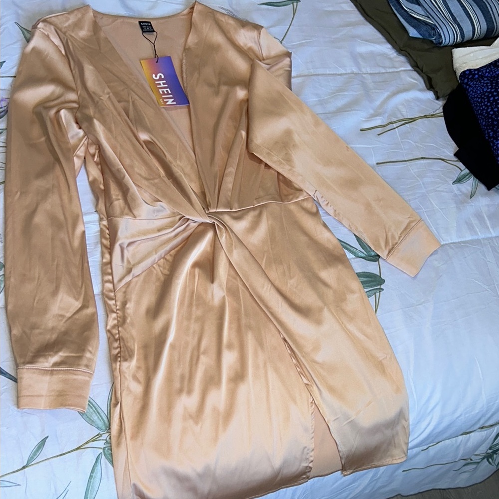 SHEIN Peach Satin Long Sleeve Dress